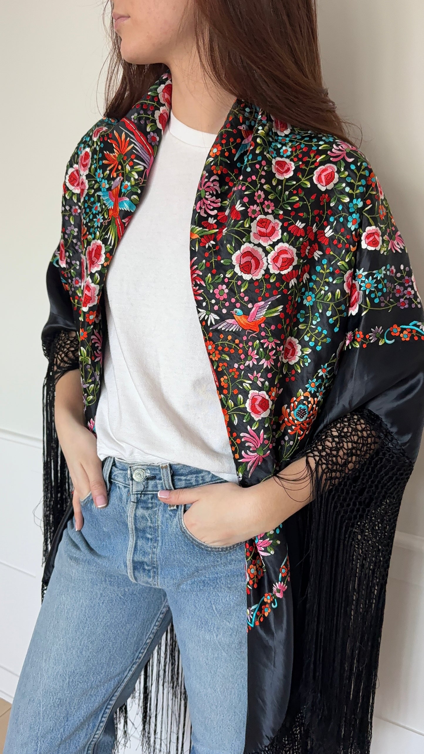 Embroidered Piano Shawl with Fringes