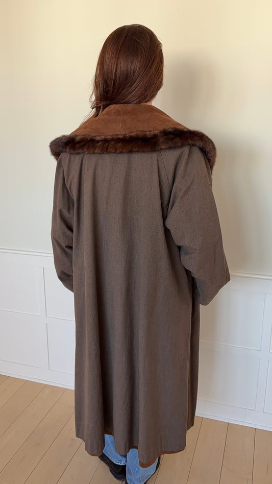 Long Brown Suede and Fur Coat Reversible