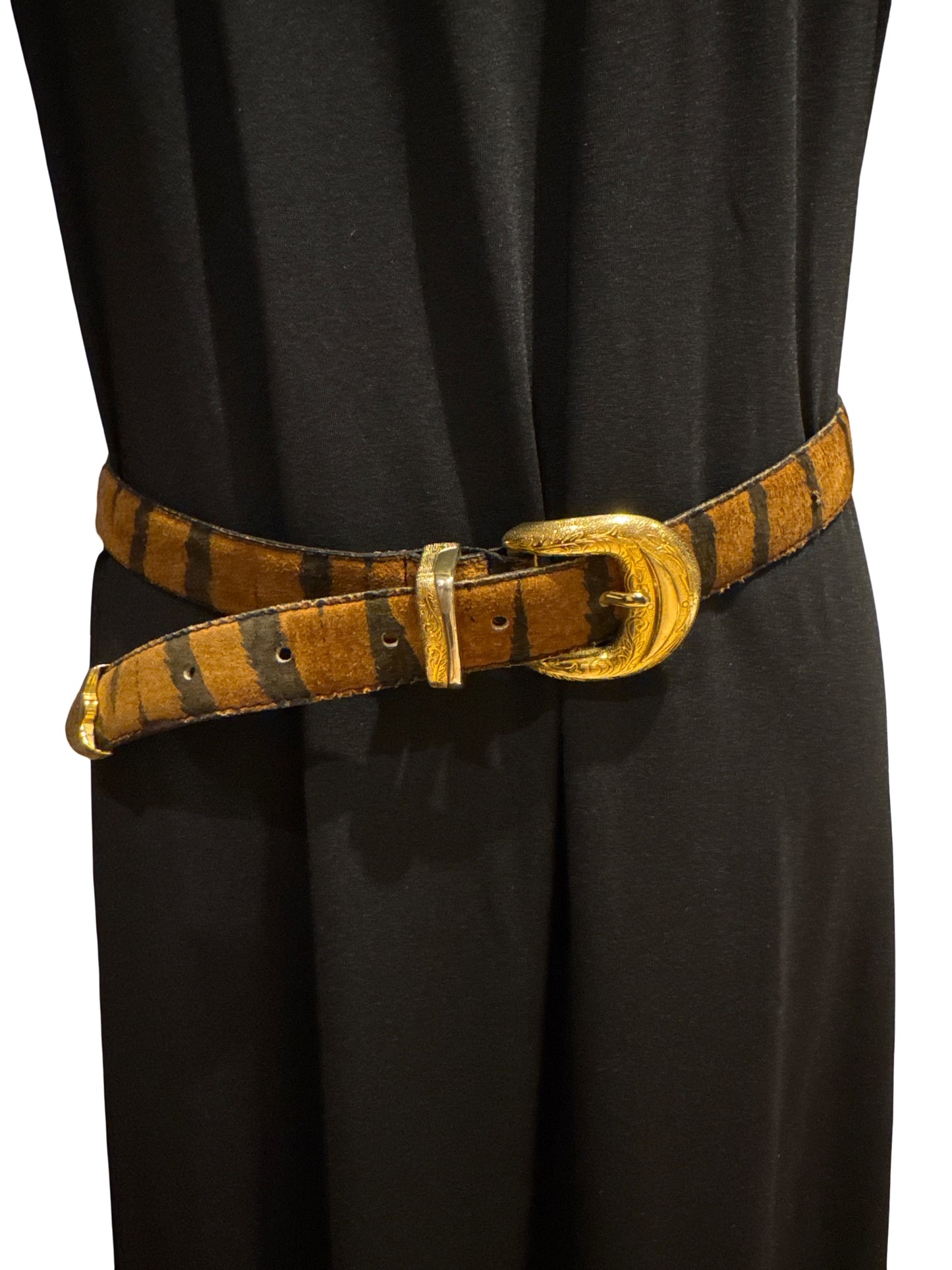 Ponyhair Tiger Print Belt with Gold Hardware