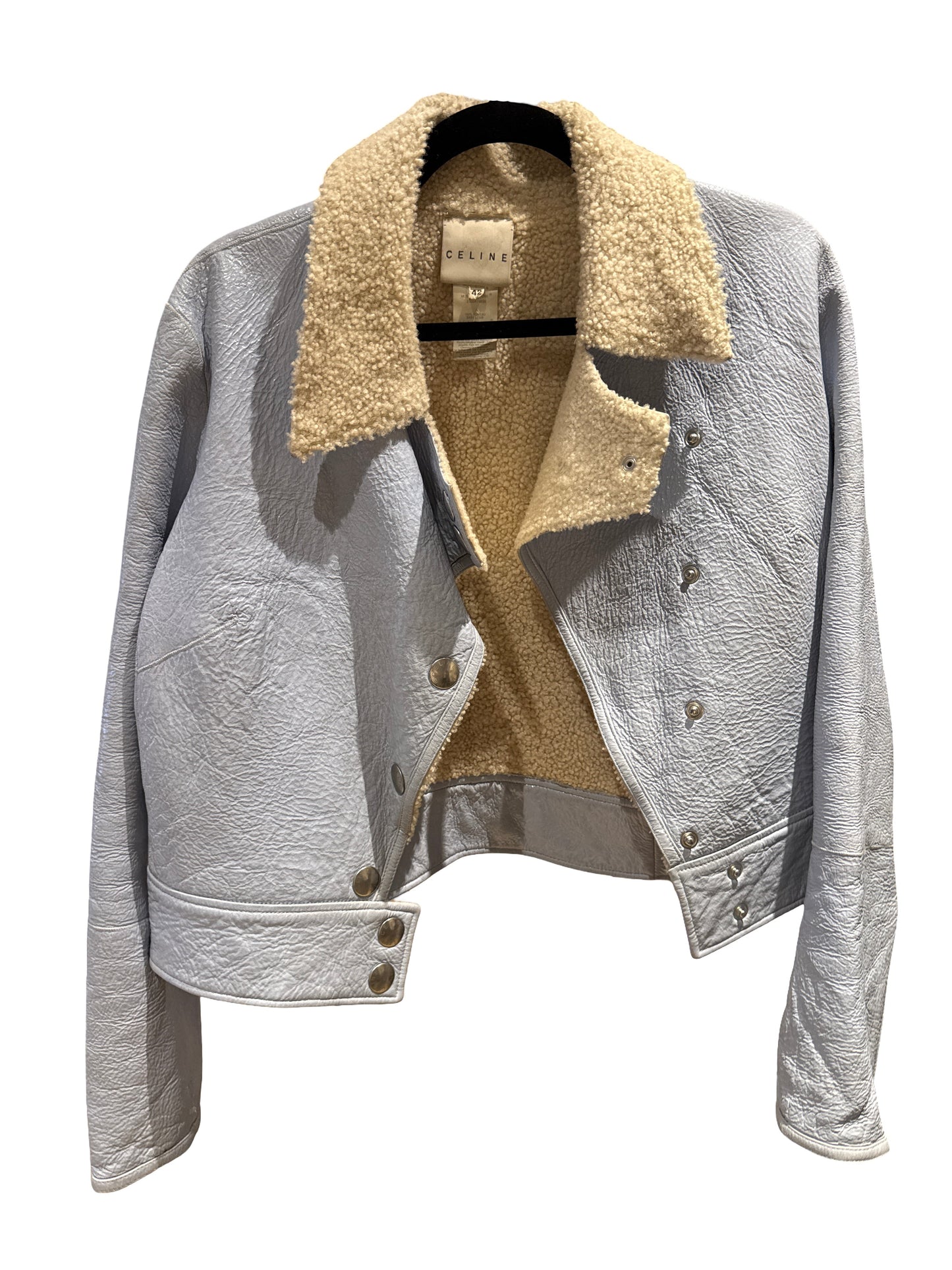 Celine Blue Patent and Shearling Moto Jacket