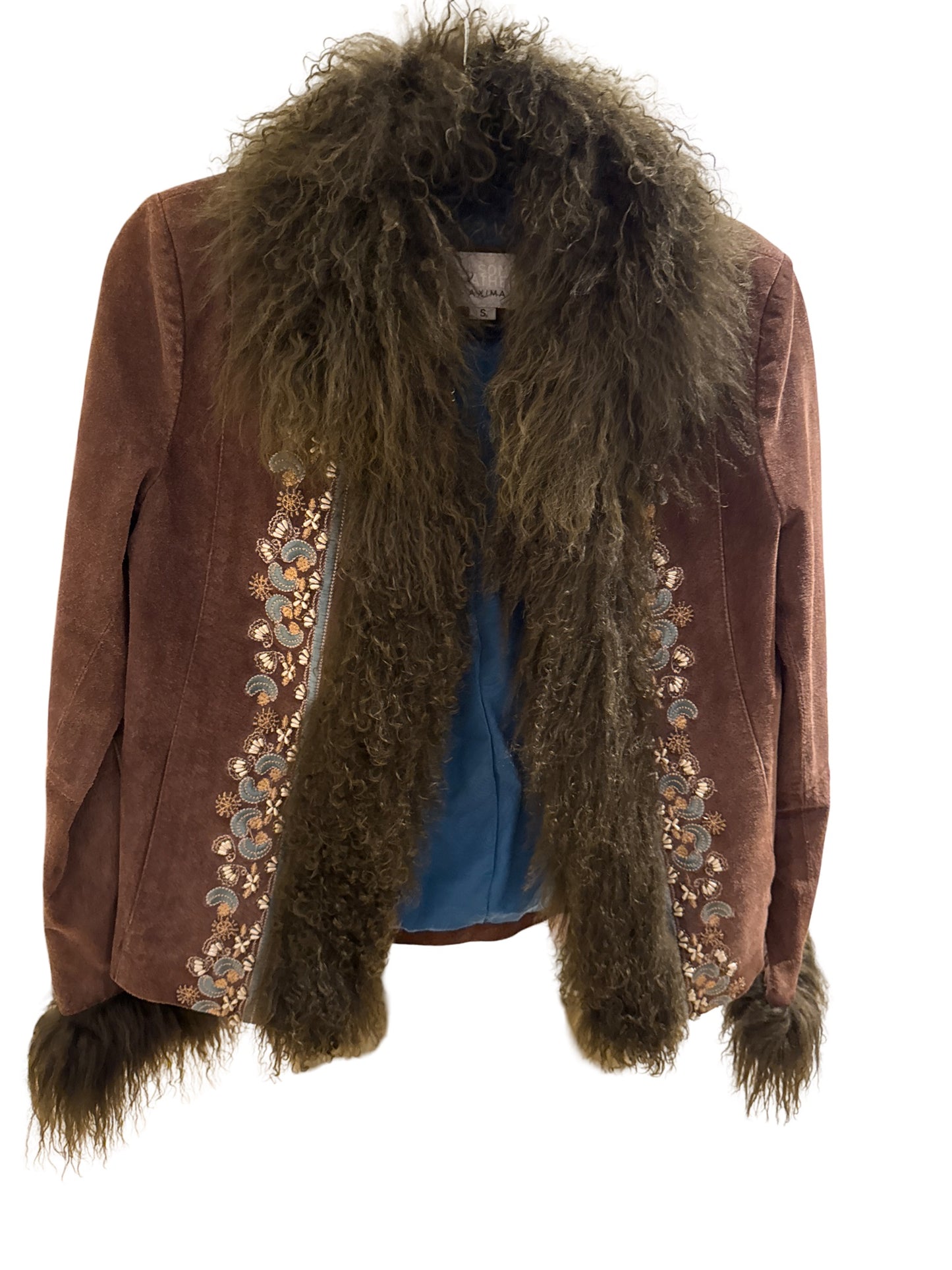 Brown Suede and Fur Jacket with Blue Floral Detail