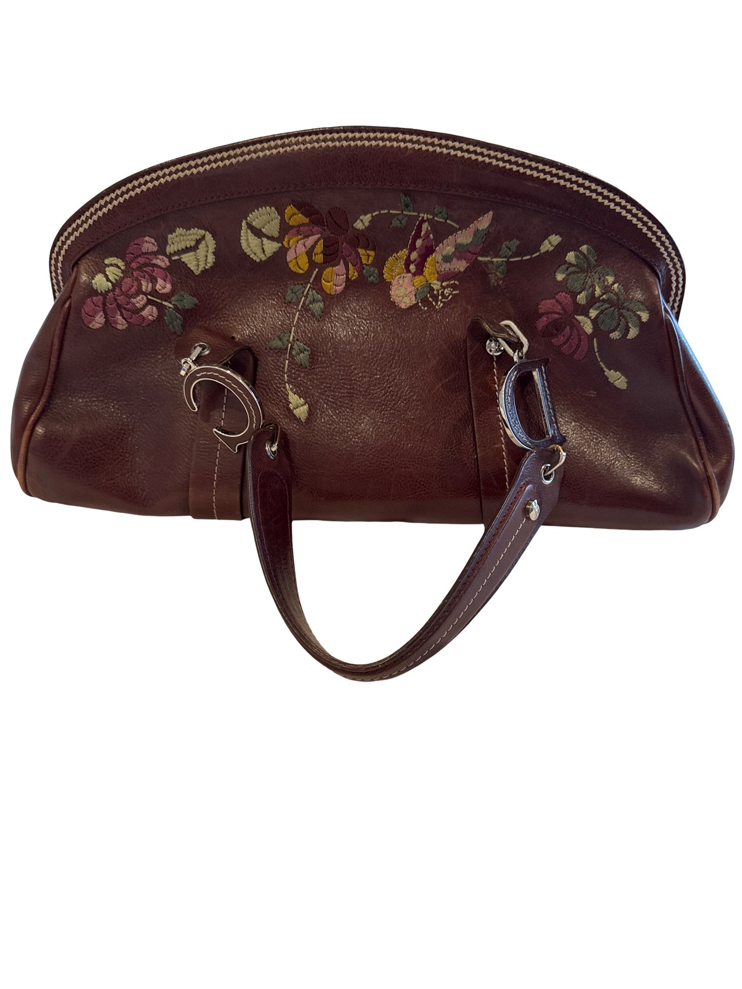 Christian Dior Brown Leather Floral Embroidered Bag