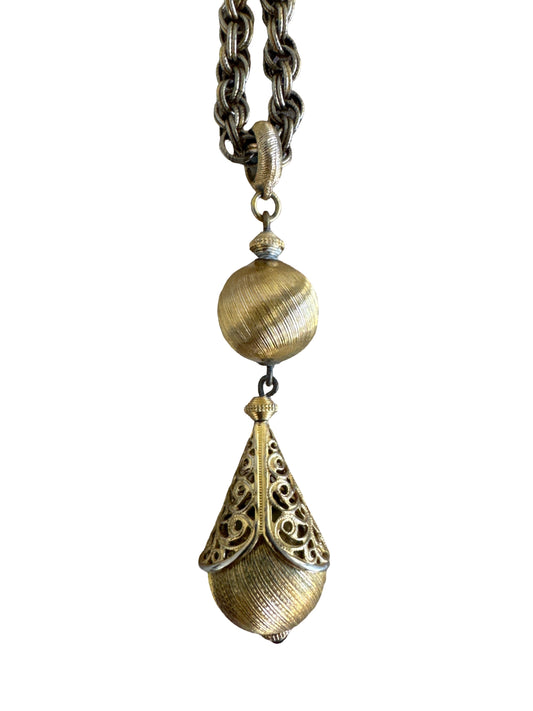 Gold Tone Necklace with Ball Filigree Pendant