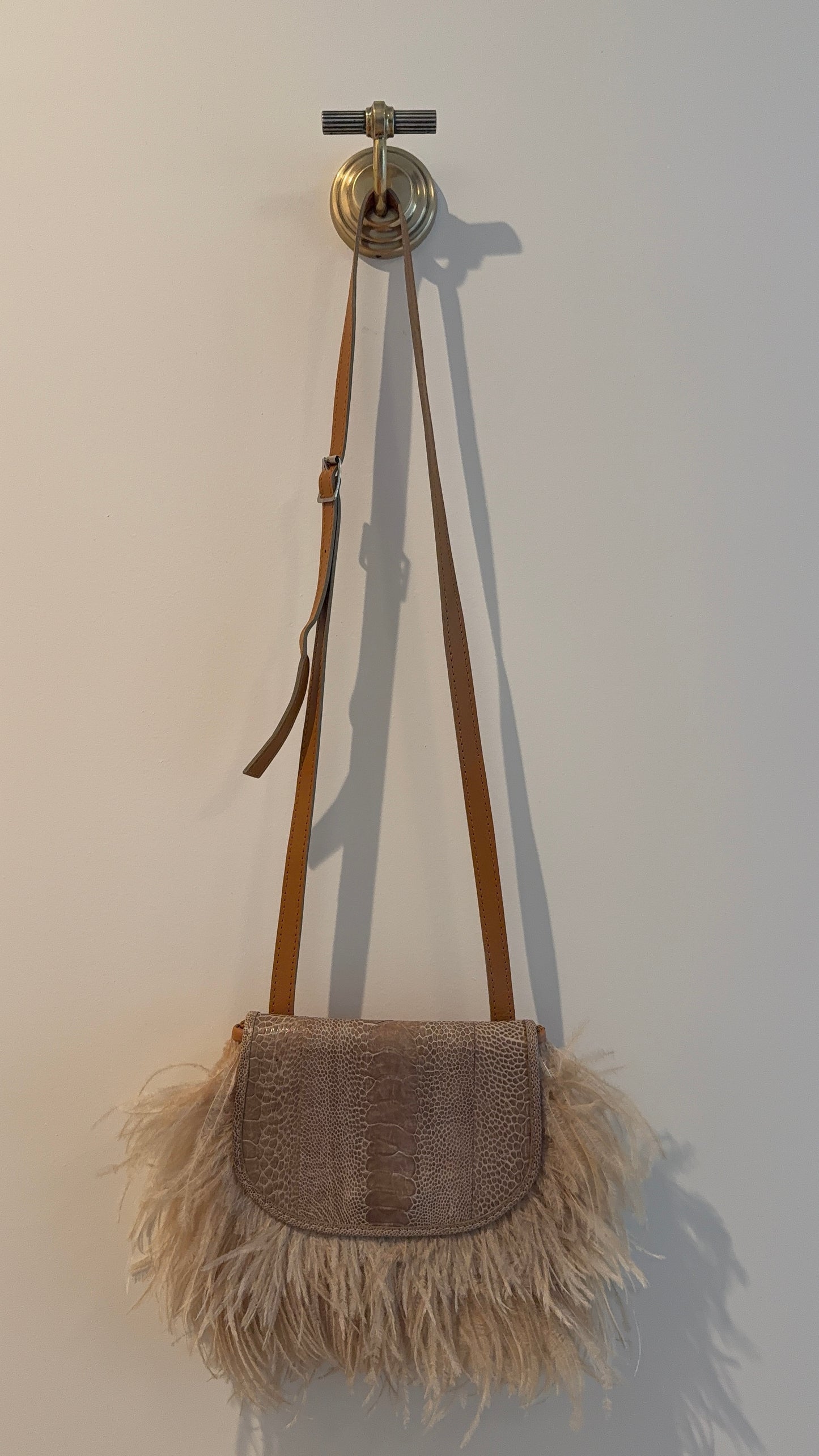 Vintage Leather Bag with Feather Trim