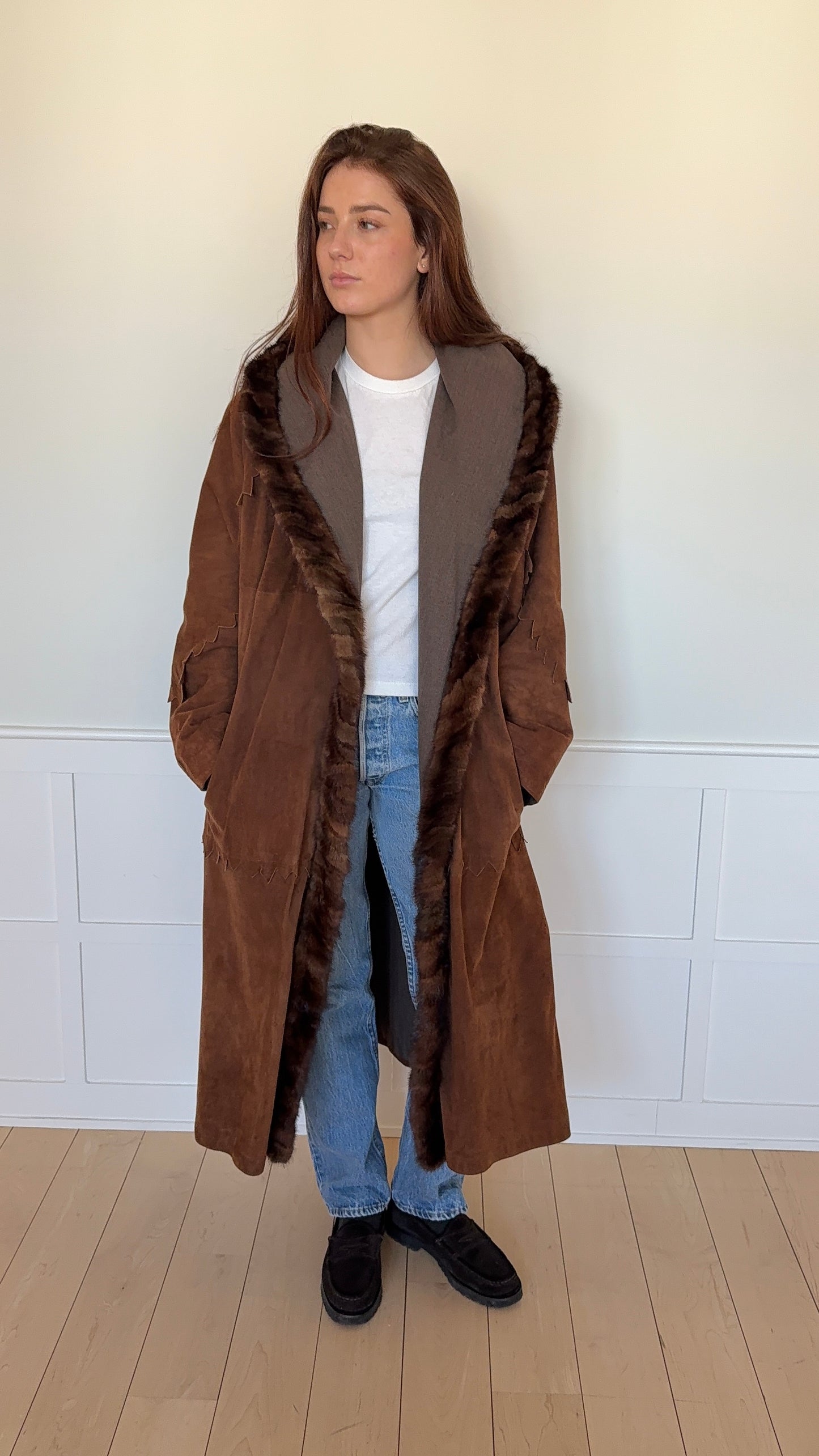 Long Brown Suede and Fur Coat Reversible