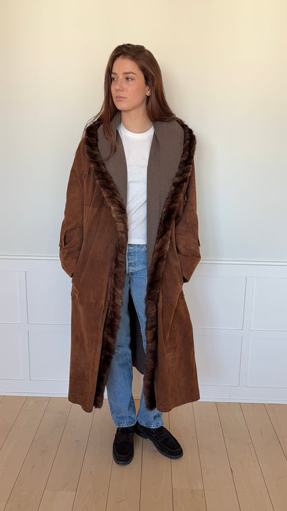 Long Brown Suede and Fur Coat Reversible