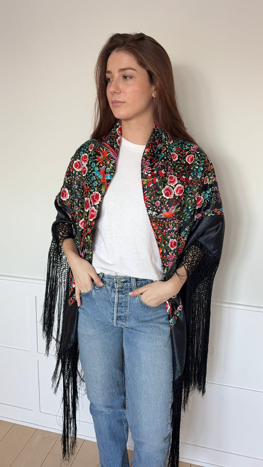 Embroidered Piano Shawl with Fringes