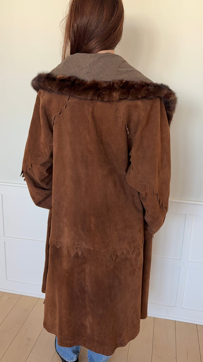 Long Brown Suede and Fur Coat Reversible