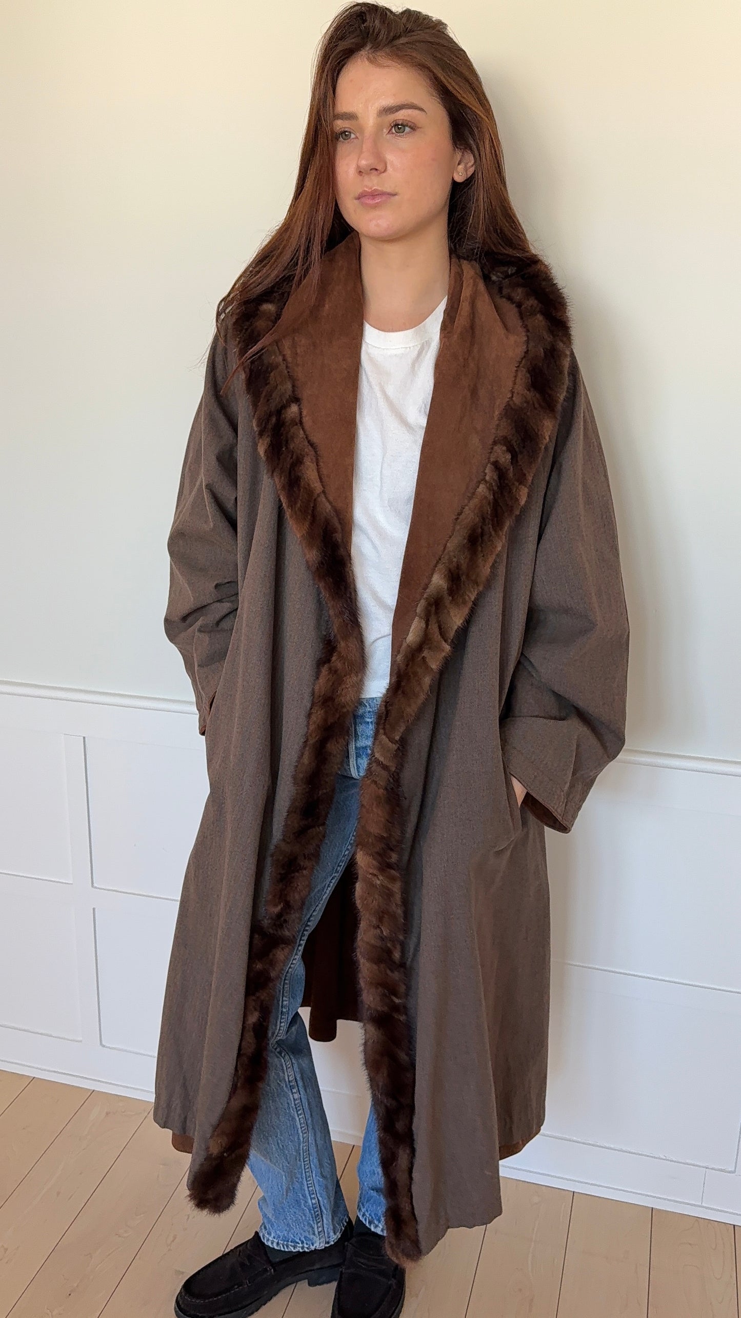 Long Brown Suede and Fur Coat Reversible