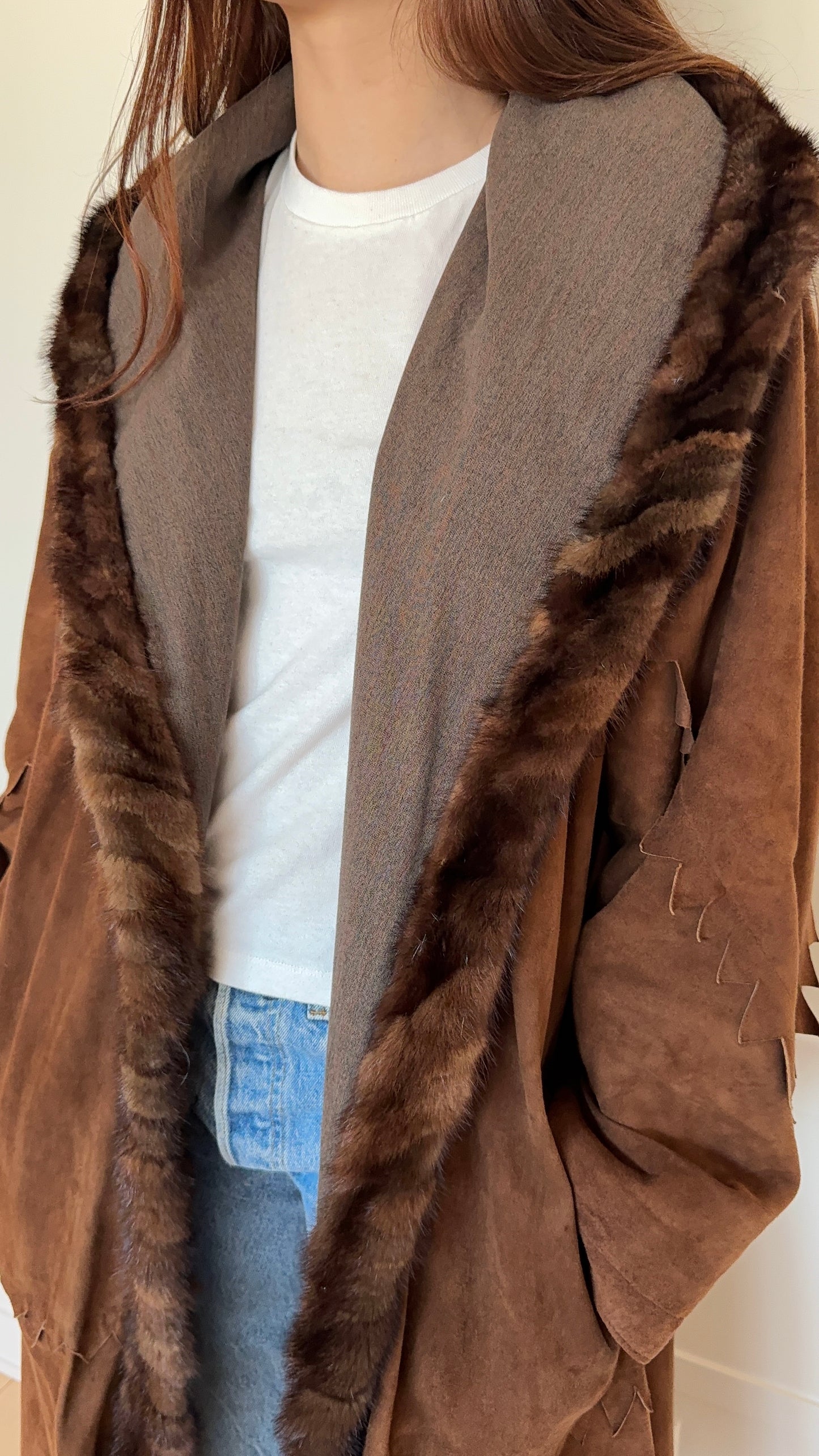 Long Brown Suede and Fur Coat Reversible