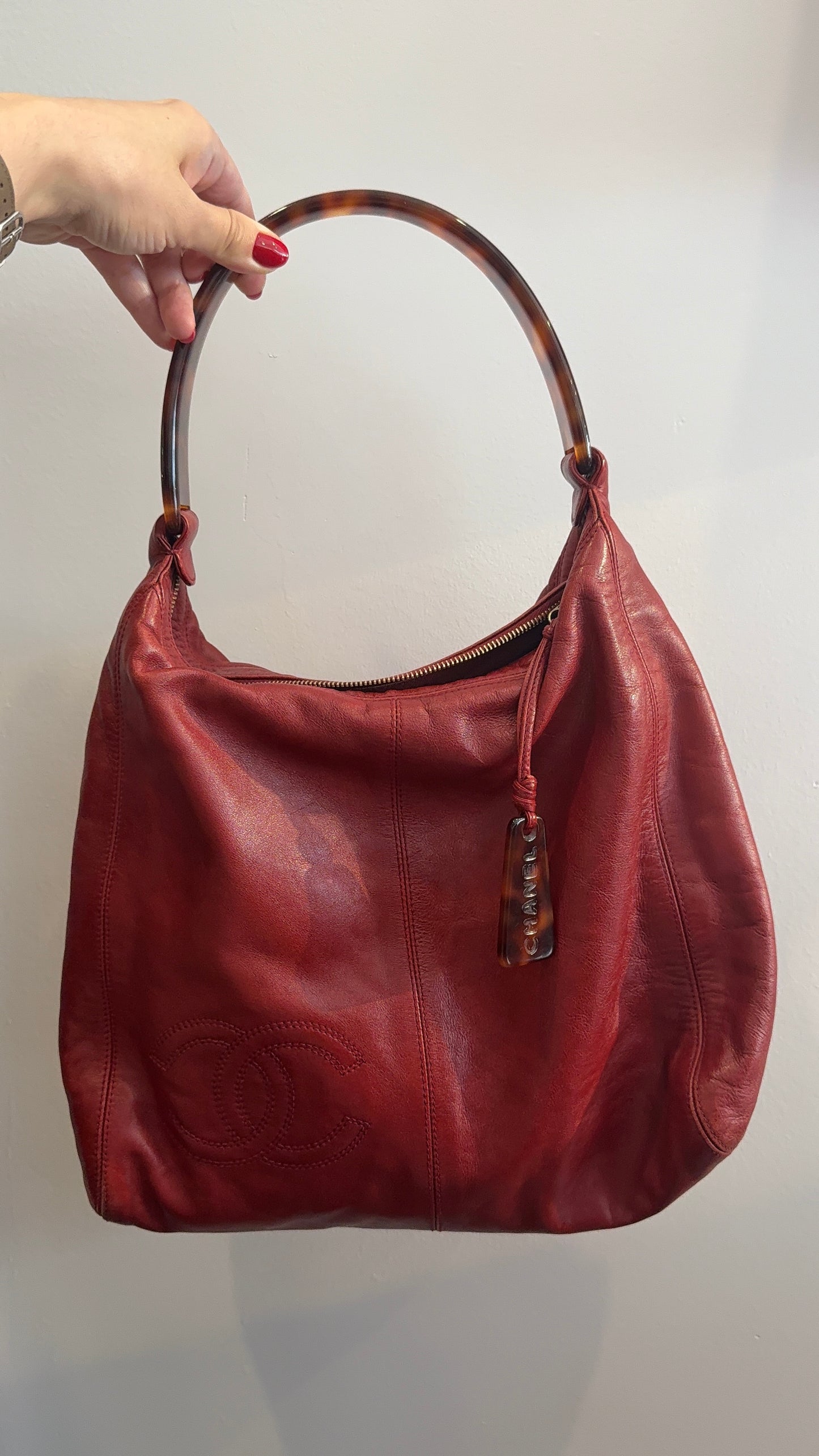 Chanel Red Leather Hobo with Tortoise Handle