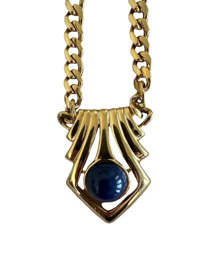 Cuban Link Necklace with Blue Cabochon Pendant