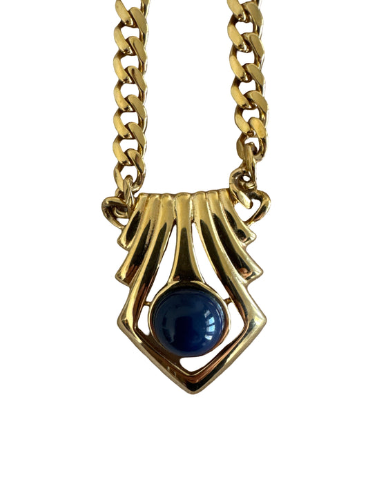 Cuban Link Necklace with Blue Cabochon Pendant