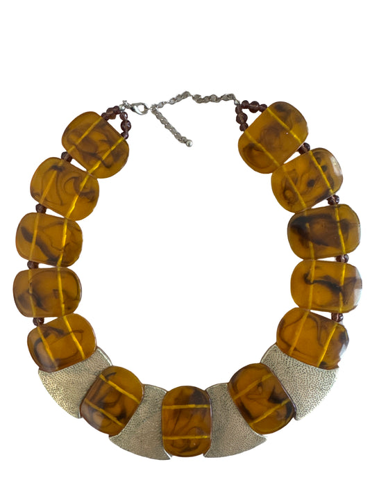 Amber Lucite and Gold Tone Collar Necklace