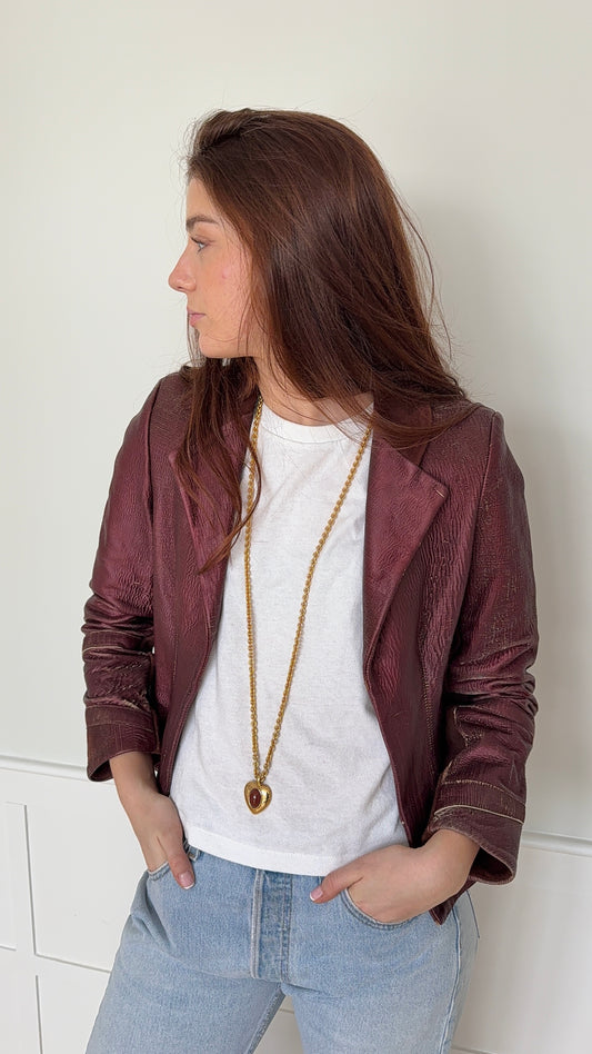Leather and Suede Textured Burgundy Blazer
