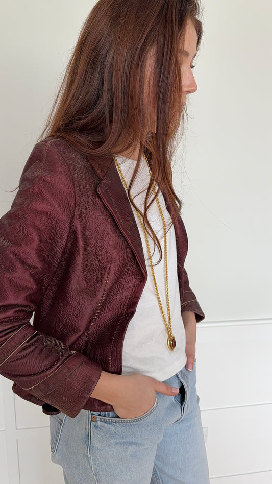 Leather and Suede Textured Burgundy Blazer