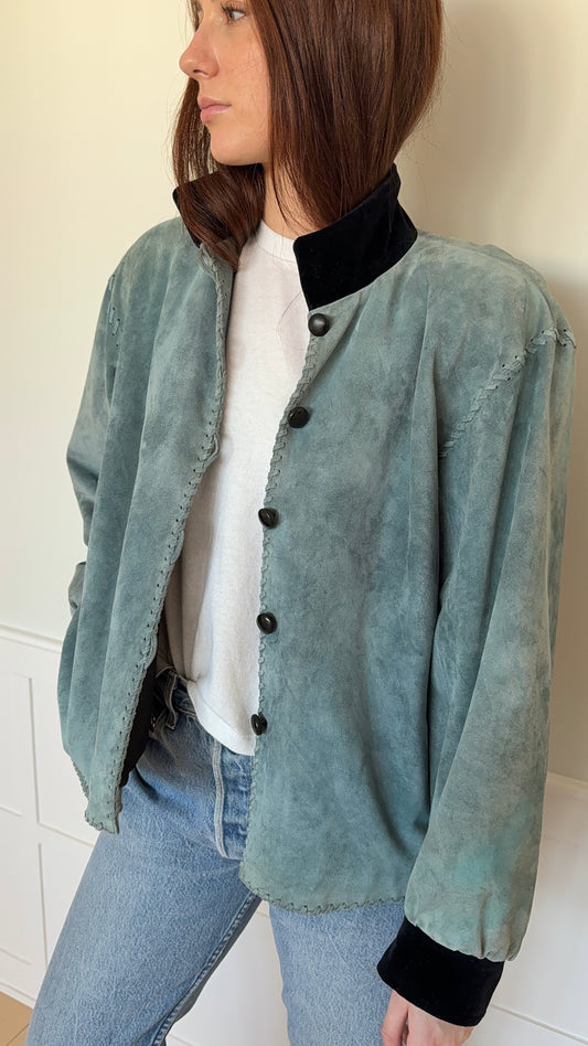 Saint Laurent Blue Suede Bomber Jacket