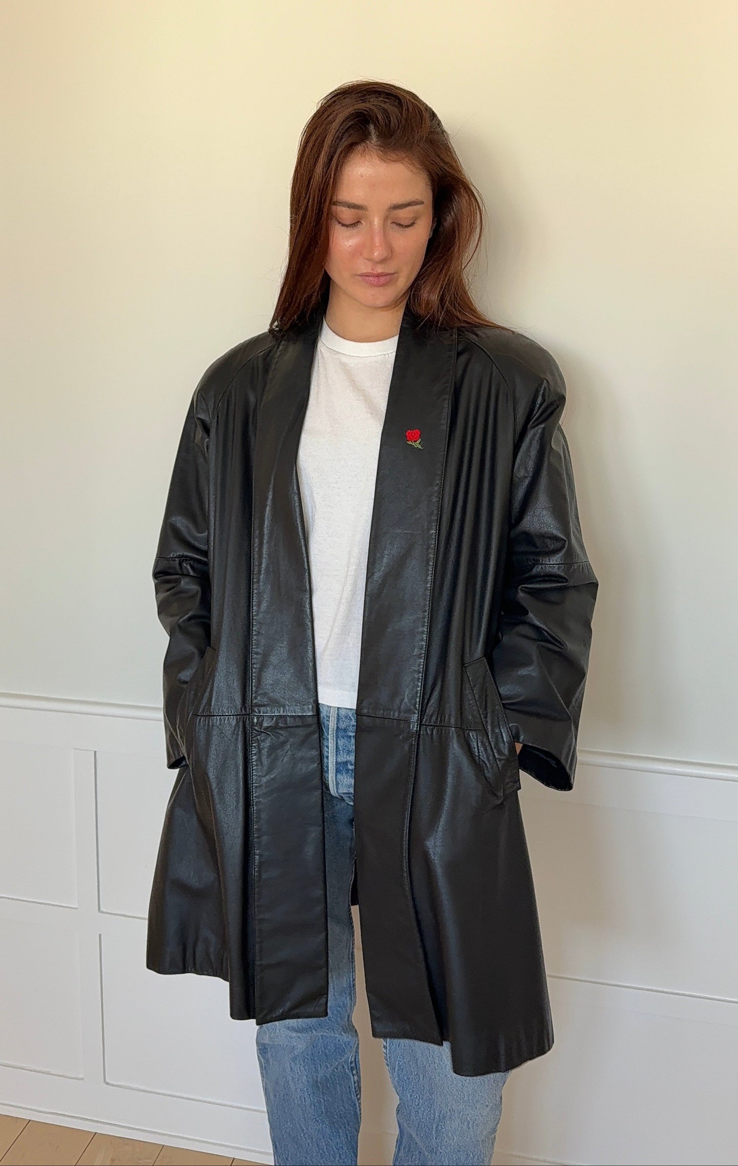 Black Leather Coat with Rose