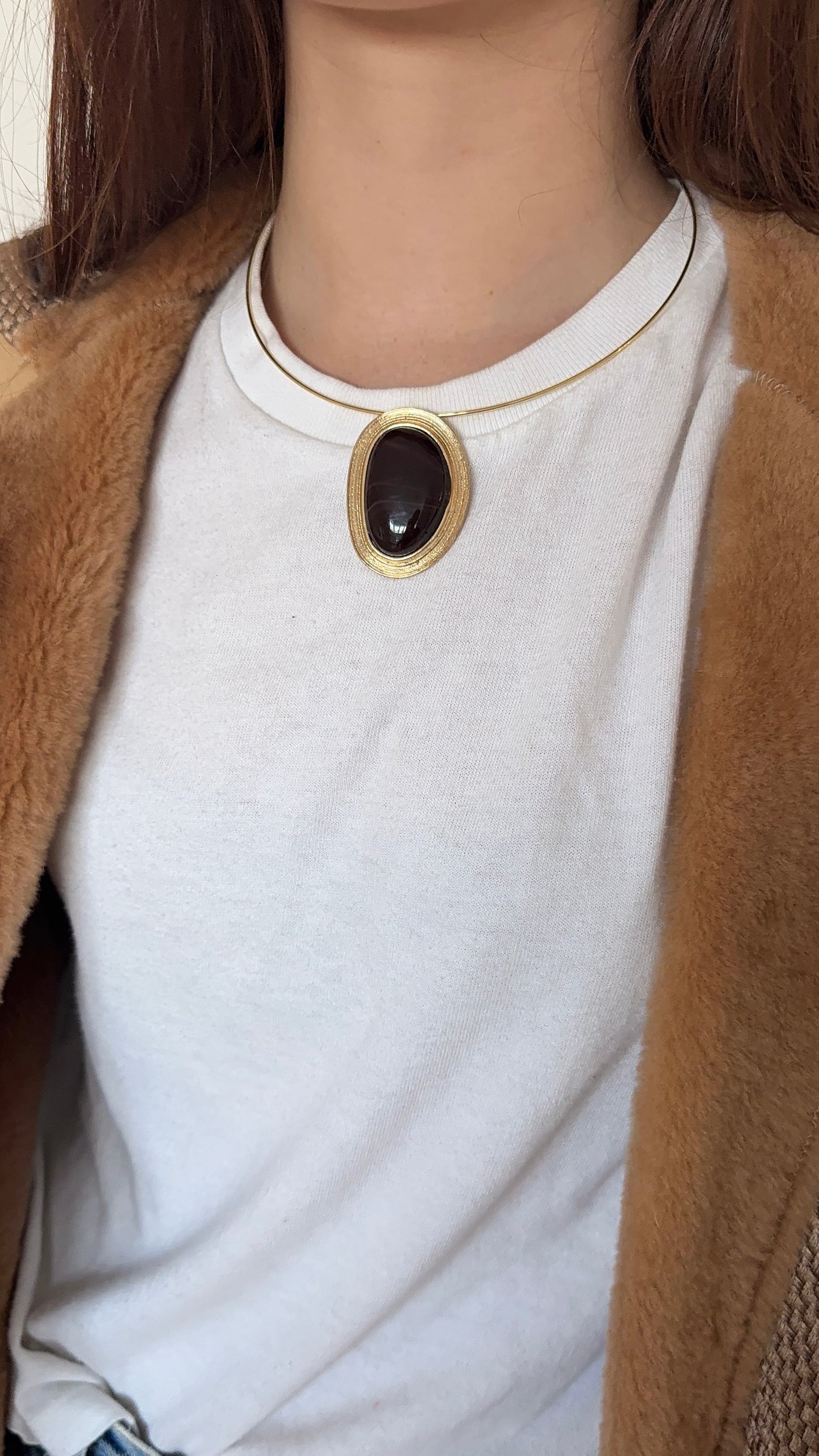 Black Oval Lucite Cabochon Modernist Necklace