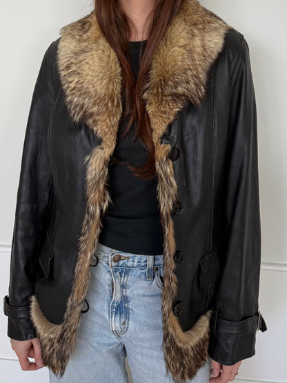 Vintage Leather Jacket with Fur Collar