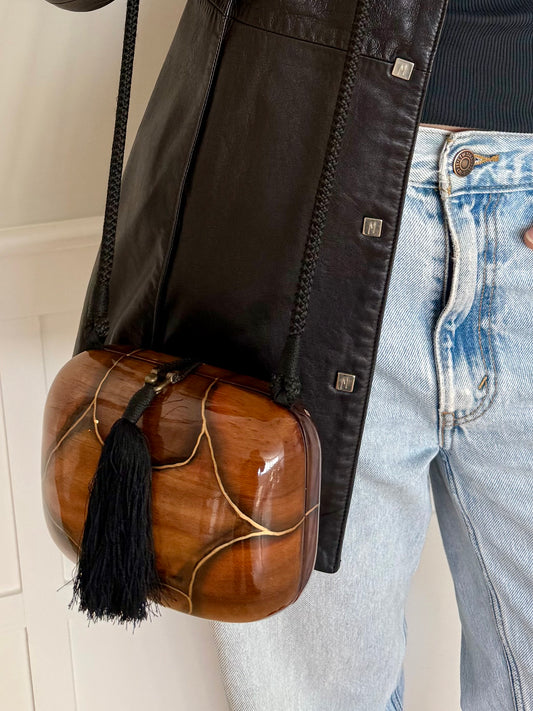 Natural Acacia Wood Shoulder Bag