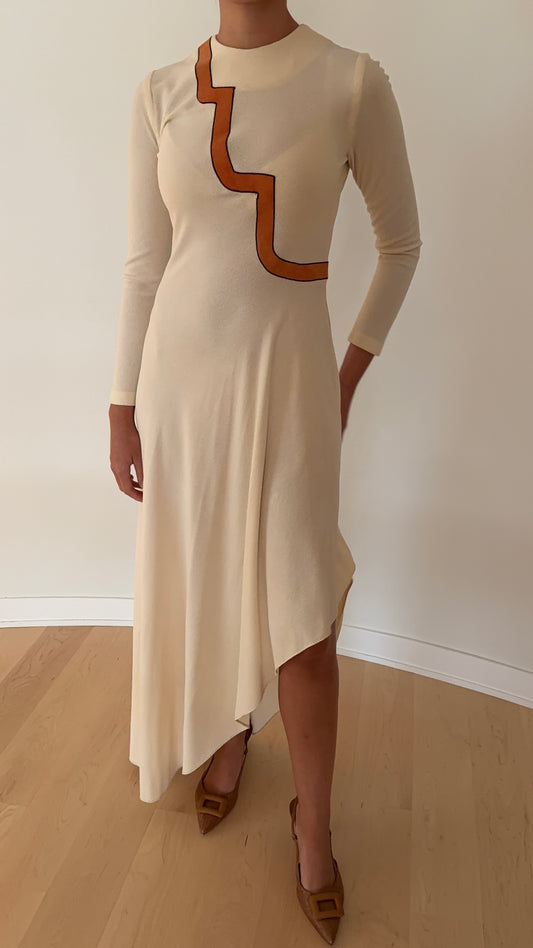 Ivory Long Sleeve Dress with Suede Stripe